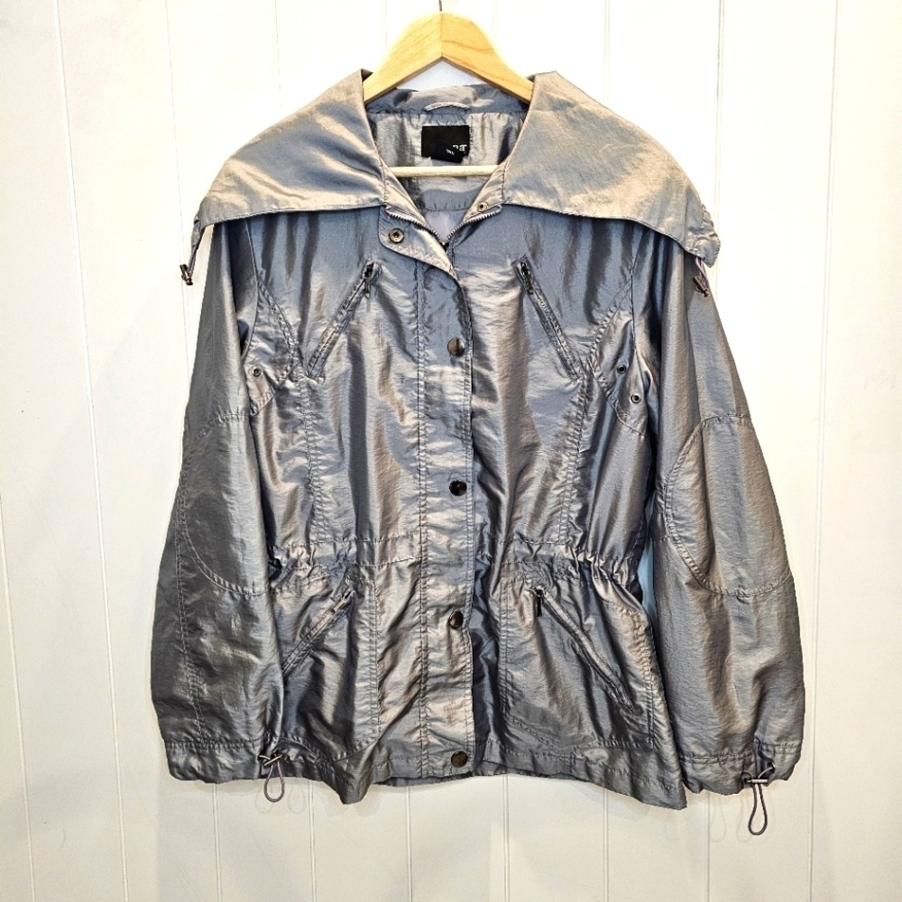 ANA Windbreaker Women's Size Medium Grey Metallic Nylon Jacket Cinched Waist